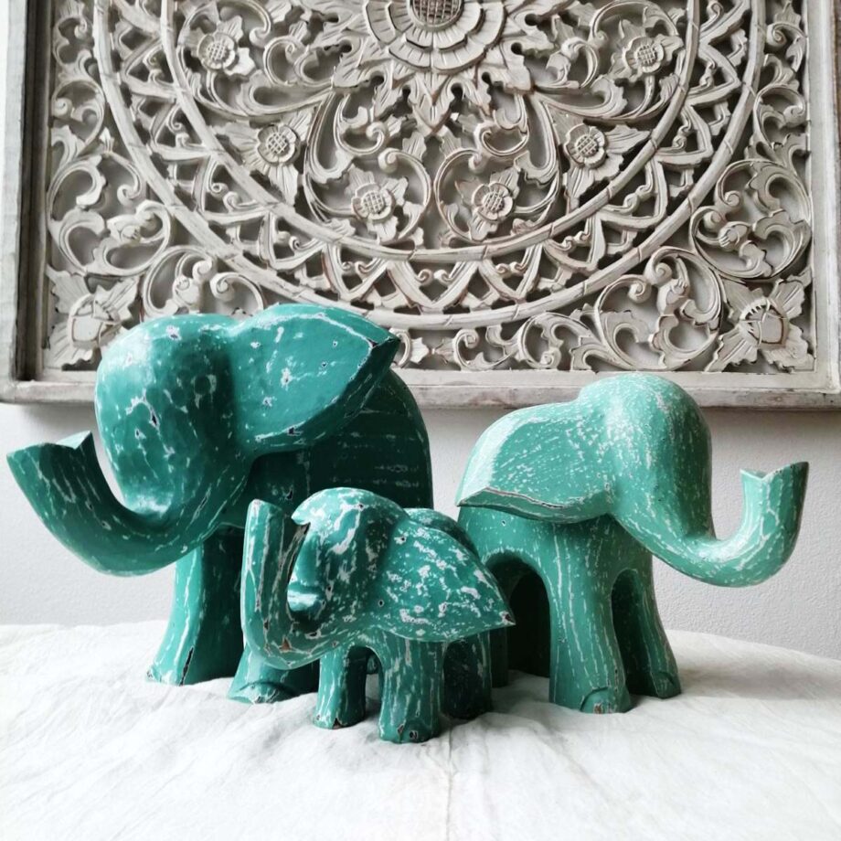 set elefanti legno turchese
